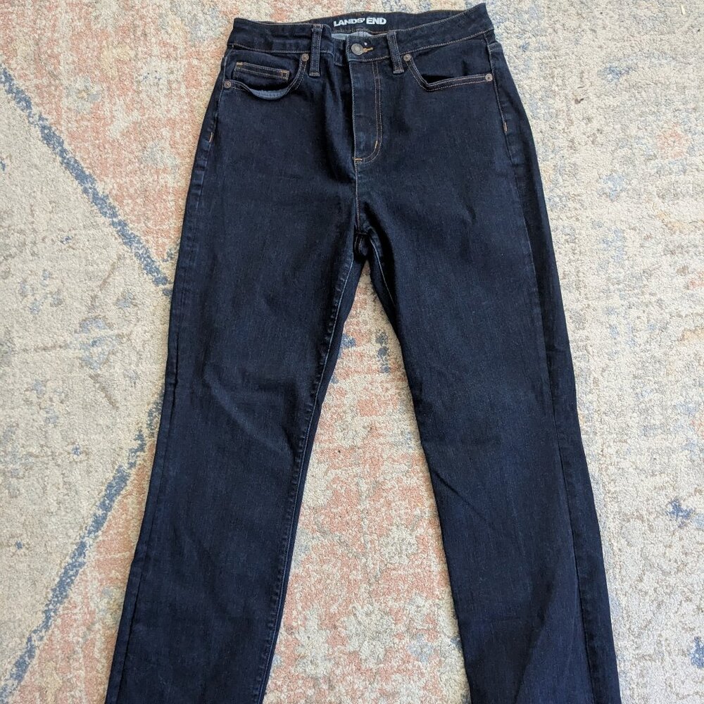 Lands End mid rise curvy straight jeans, dark denim